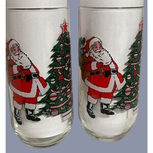 Vintage Christmas Santa Claus & Reindeer Glass Tumblers  Set Of 2 Festive Holida